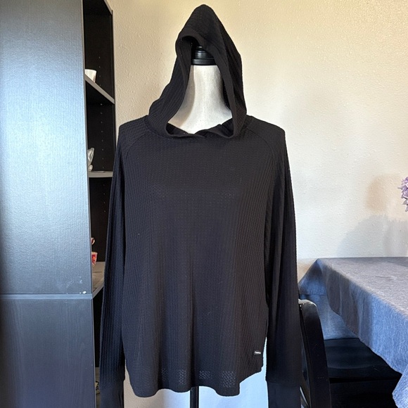 Calvin Klein Women’s Size Large Lightweight Hooded Waffle Knit Black Top - Picture 1 of 7